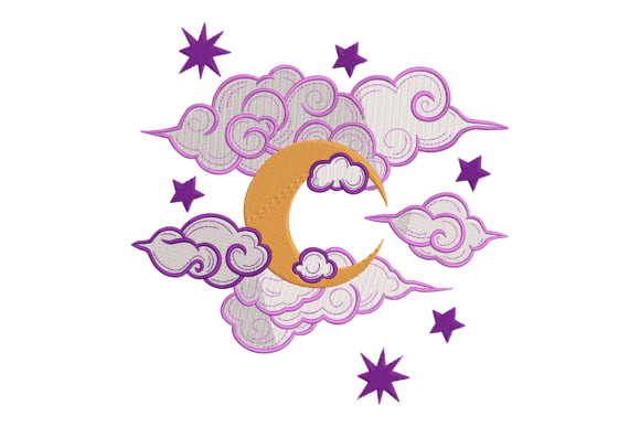 Embrace the Night Sky: Elevating Textiles with Purple Stars Moon Clouds Embroidery