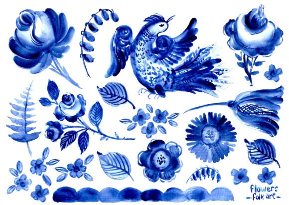 Folk Art Decorative Set: A Gzhel-Inspired Visual Asset