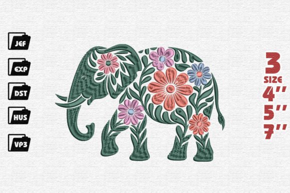 Stylized Floral Elephant Embroidery Design